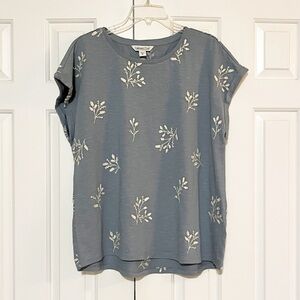 Coldwater Creek "Meadow Grass Tee" Embroidered Blue Short Sleeve Top. LP